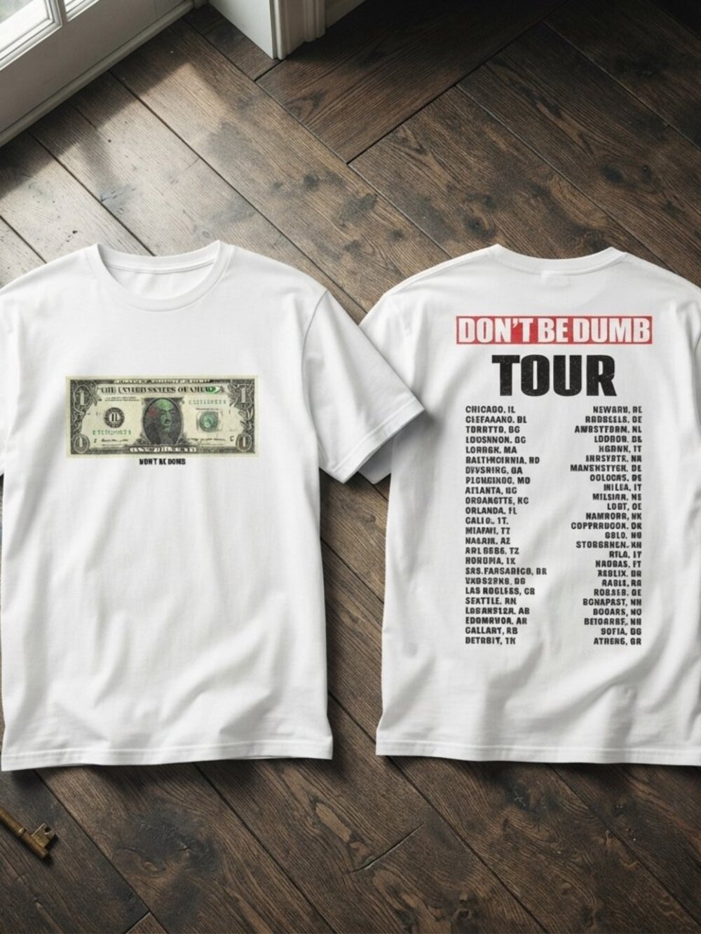 Don't Be Dumb Tour White Graphic T-Shirt Dollar Bill Concert Tee